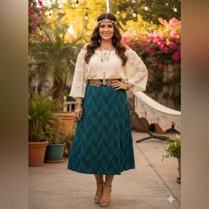Vintage N Torch Teal Geometric Chevron Midi Skirt Plus Size Boho Career Casual